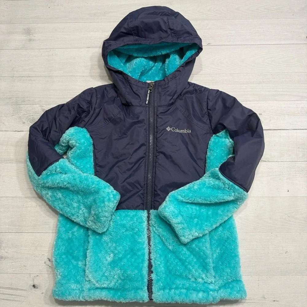 Columbia girls navy blue and aqua fleece jacket‎ size 7/8